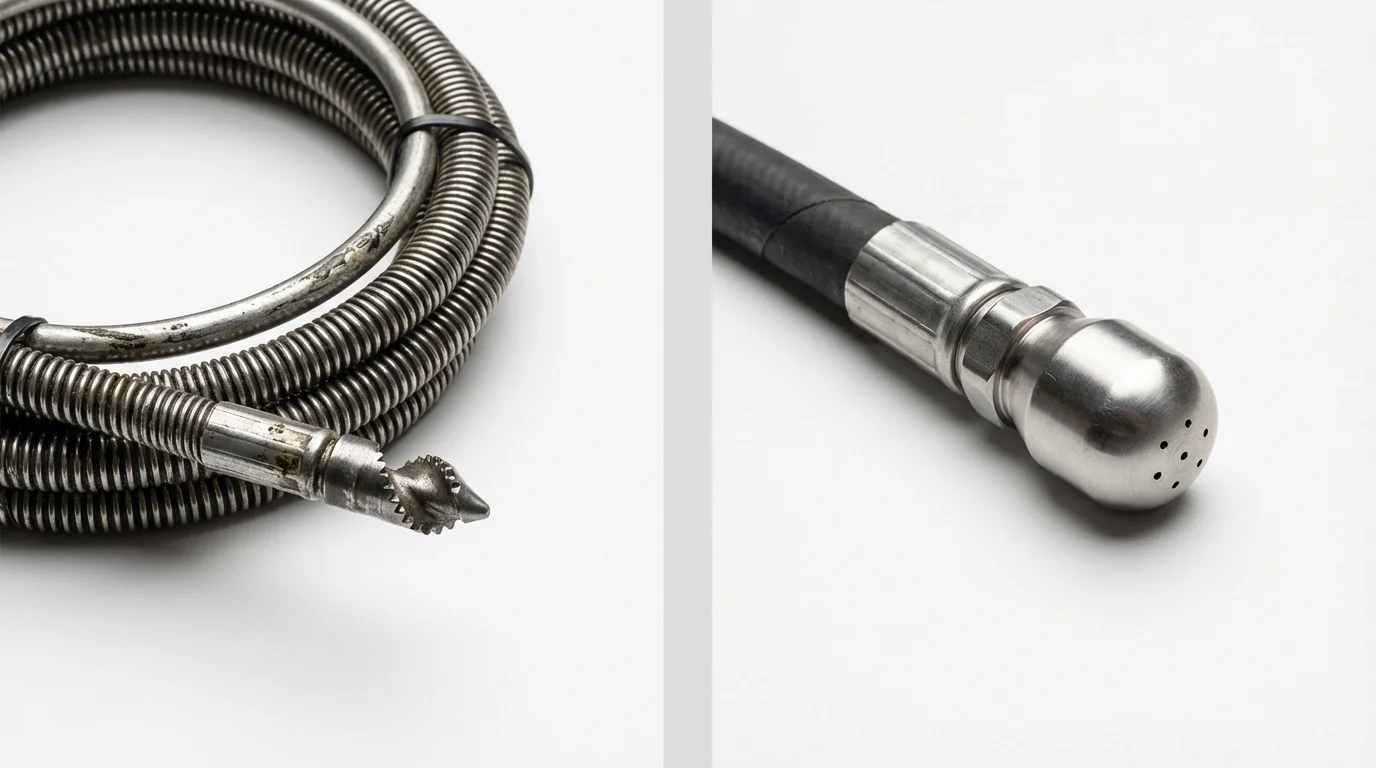 Drain snake cable and hydro jetting nozzle used for drain cleaning in Cambridge, OH
