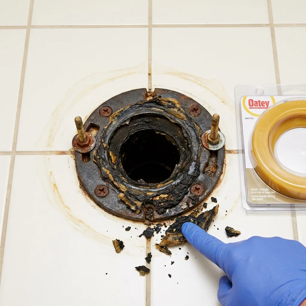 Failed wax ring showing water seepage at the base of a toilet in a Cambridge, OH home