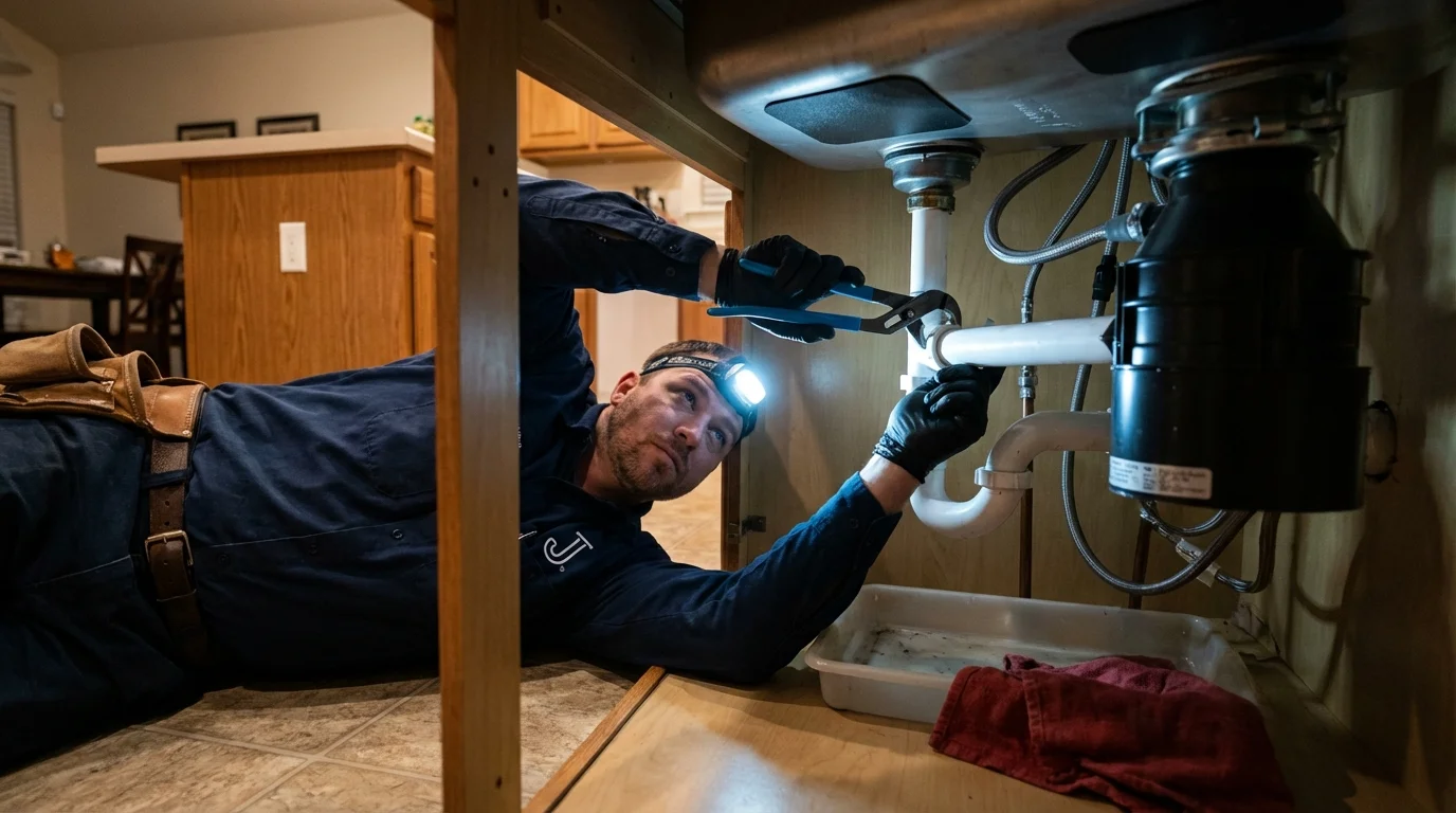 P-trap and supply line connections under a kitchen sink showing a common leak point in Cambridge, OH